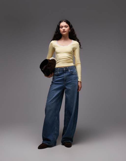 ASOS DESIGN – Ljusgul, långärmad topp med djup halsringning och kontrasterande spets, 2 av 4