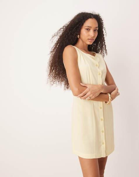 ASOS DESIGN – Ljusgul miniklänning i linnemix med knäppning - view 1