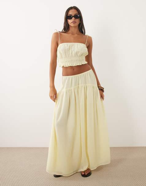 ASOS DESIGN – Ljusgul, smockad maxikjol med volym, del av set - view 1