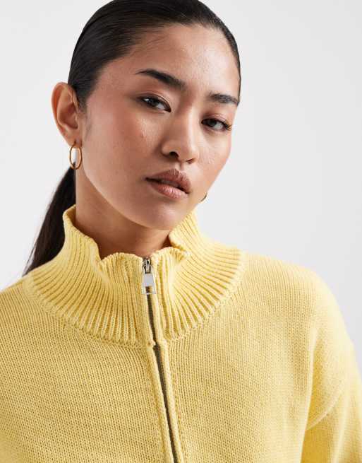 ASOS DESIGN – Ljusgul, stickad kofta i bomullsmix med ståkrage och dragkedja, 3 av 4