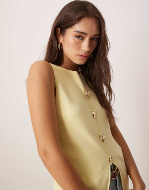 ASOS DESIGN – Ljusgul, stickad kostymväst med flera knappar och rak ringning - view 1