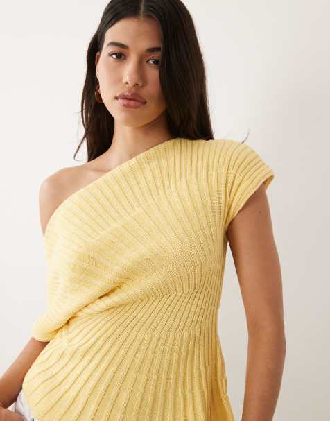 ASOS DESIGN – Ljusgul, stickad tröja med veck och markerad midja - view 1