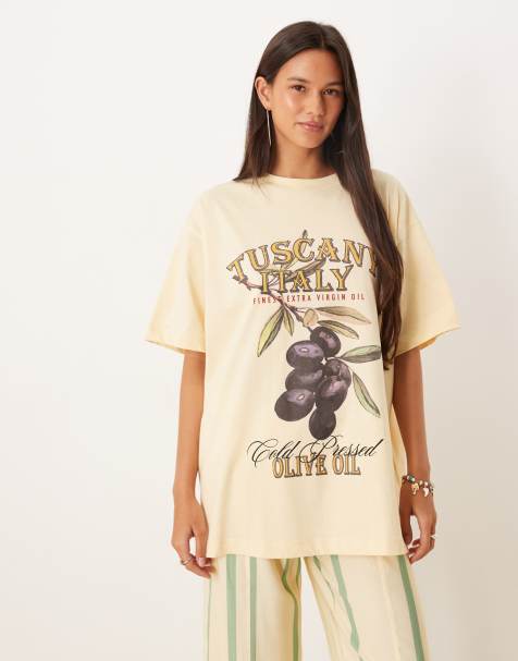 ASOS DESIGN – Ljusgul t-shirt i oversize med olivtryck - view 1