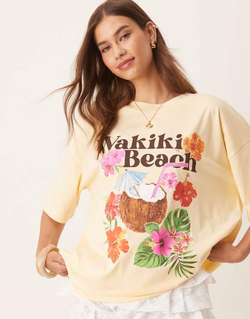 ASOS DESIGN – Ljusgul t-shirt i oversize med tropiskt tryck