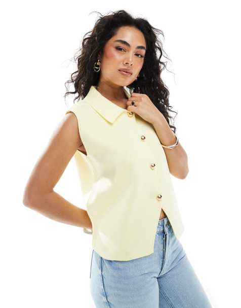 ASOS DESIGN – Ljusgul, tätstickad kostymväst med krage - view 1