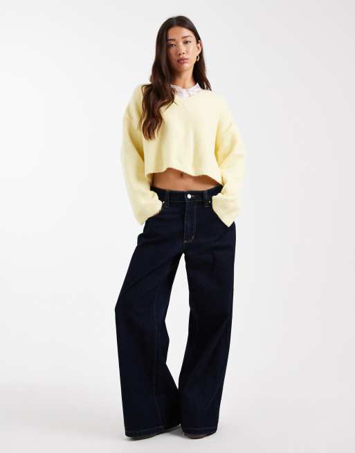 ASOS DESIGN – Ljusgul tröja med v-ringning och spetskant, 4 av 4