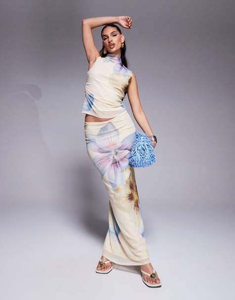 ASOS DESIGN – Ljusgult, blommönstrat set i mesh med maxikjol och topp med hög krage - view 1