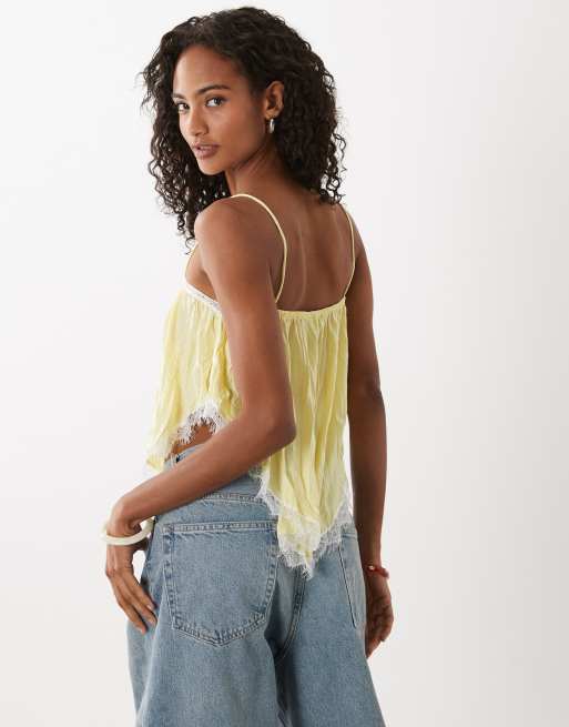 ASOS DESIGN – Ljusgult, krinklat linne med volym och spetskant, 2 av 4