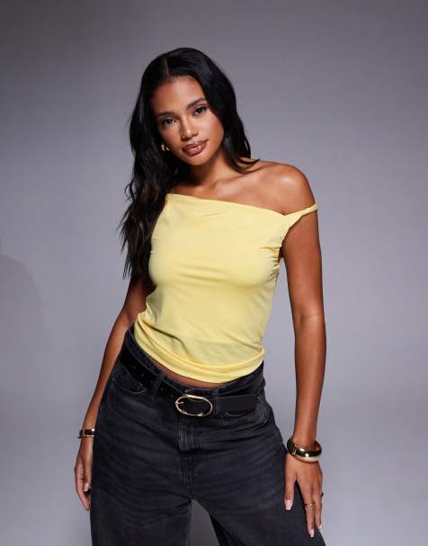 ASOS DESIGN – Ljusgult linne med drapering och snurrat axelband - view 1