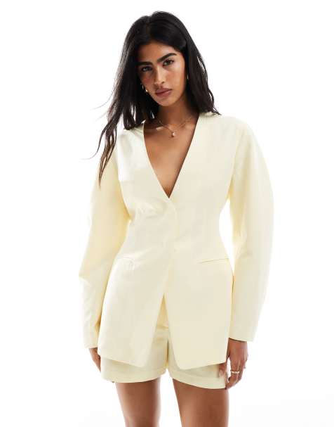 ASOS DESIGN – Ljusgult set i linnemix med kavaj med markerad midja och shorts - view 1