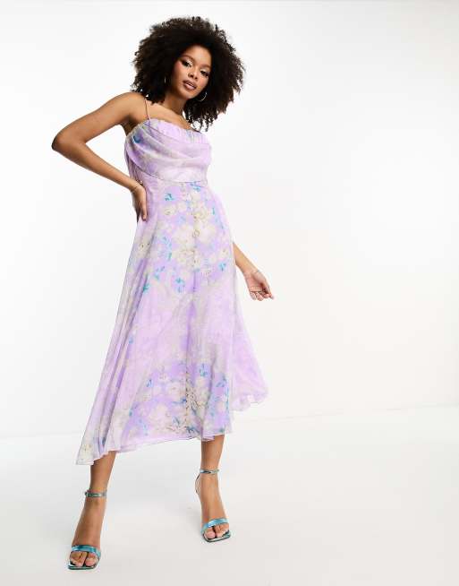ASOS DESIGN – Ljuslila blommig midiklänning med korsett och draperad ringning framtill, 4 av 4