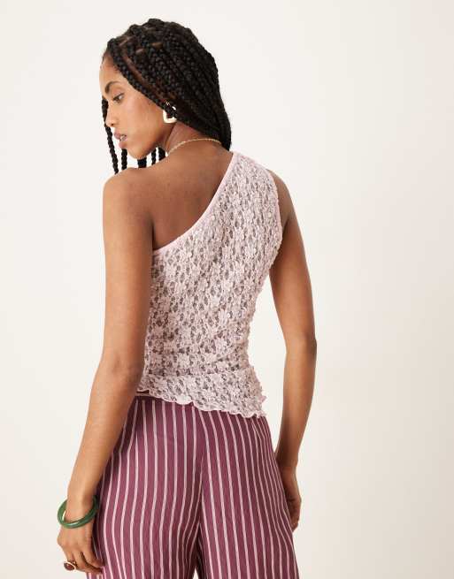 ASOS DESIGN – Ljusrosa, enaxlad topp i skir spets med asymmetrisk design, 3 av 4