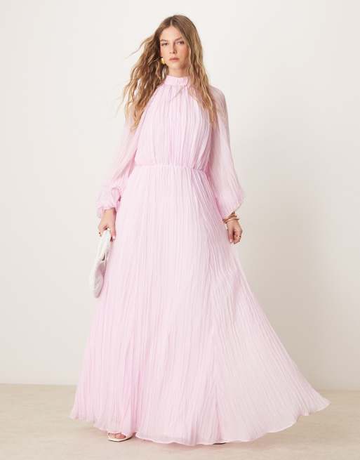 ASOS DESIGN – Ljusrosa, krinklad maxiklänning med blusärmar, hög krage och veck, 3 av 4