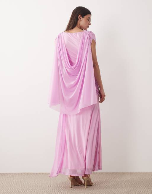 ASOS DESIGN – Ljusrosa maxiklänning i stretchig chiffong med drapering, cape och banddetalj, 2 av 4