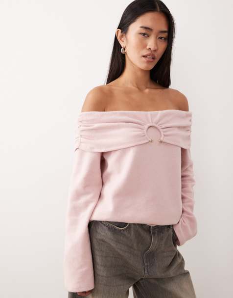 ASOS DESIGN – Ljusrosa, supermjuk tröja med bara axlar och metalldetalj - view 1