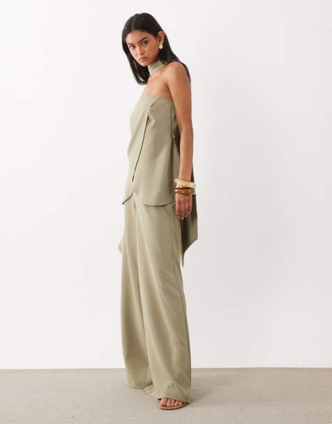 ASOS DESIGN – Ljust, olivgrönt set med palazzo-byxor och figursydd korsettopp med scarfdetalj - view 1