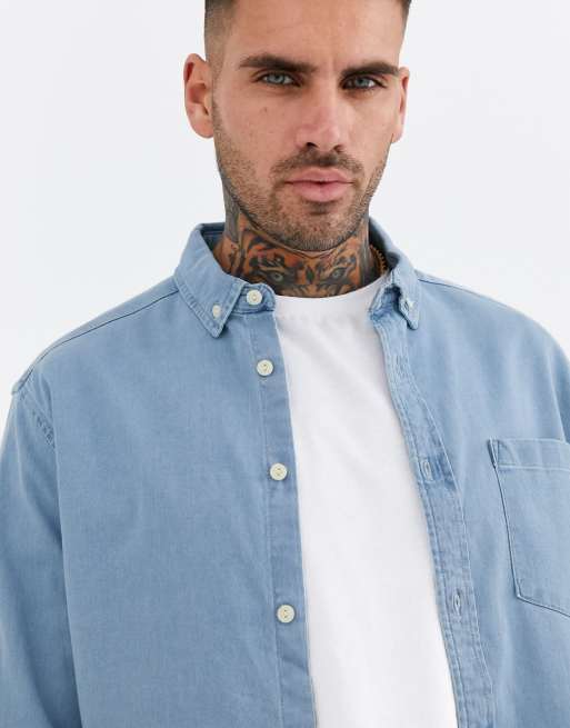 ASOS DESIGN – Ljustvättad jeansskjorta med smal passform och stretch - MBLUE, 3 av 4