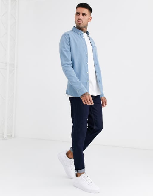 ASOS DESIGN – Ljustvättad jeansskjorta med smal passform och stretch - MBLUE, 4 av 4
