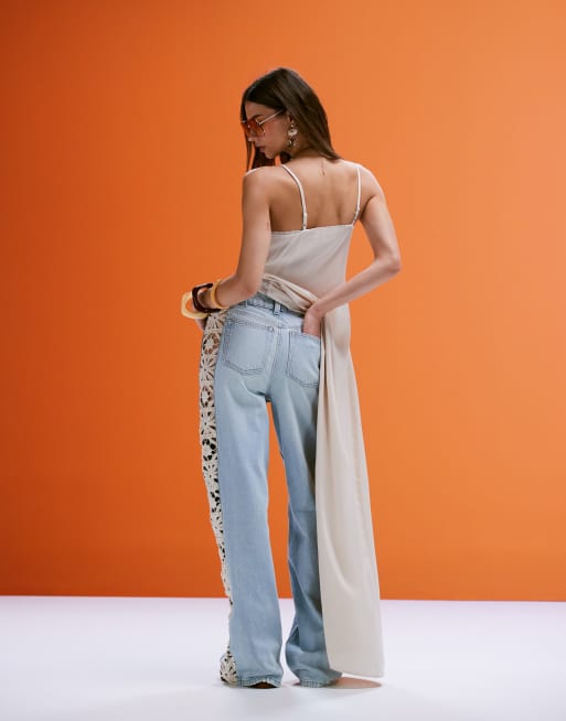 ASOS DESIGN – Ljustvättade jeans i dad-modell med vida ben och virkade sidopaneler, 4 av 5