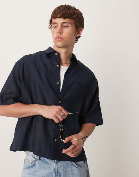 ASOS DESIGN 100% linen boxy oversized shirt in navy