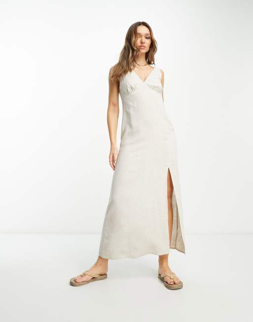 ASOS DESIGN – Lniana letnia sukienka maxi na ramiączkach w kolorze naturalnym z dekoltem w szpic 