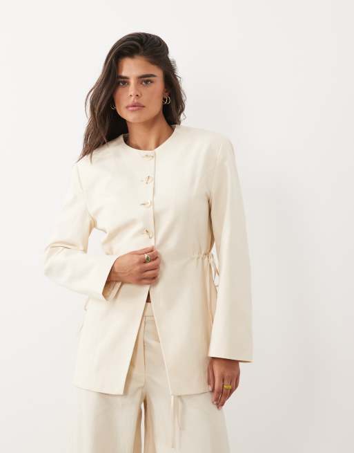 ASOS DESIGN – Kremowa lniana marynarka z wiązaniem z boku, część zestawu, 3 z 3