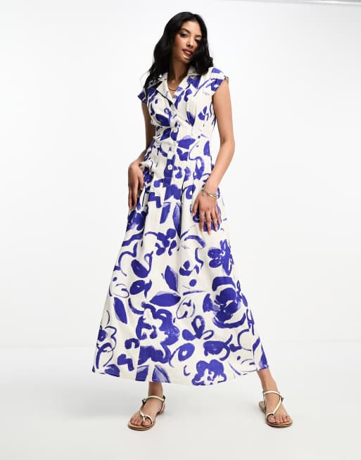 ASOS DESIGN – Lniana sukienka koszulowa maxi z krótkimi rękawami i zakładkami w kwiatowy abstrakcyjny wzór w kolorze niebieskim
