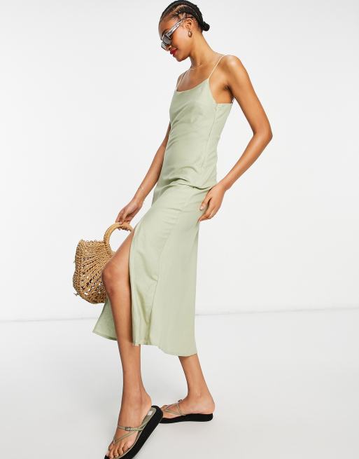 ASOS DESIGN – Lniana sukienka maxi na ramiączkach w kolorze khaki | ASOS