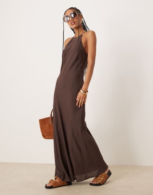 ASOS DESIGN – Lniana sukienka maxi o fasonie bokserki w kolorze gorzkiej czekolady