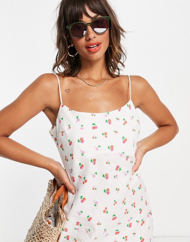  Moda ASOS DESIGN – Lniana sukienka mini na ramiączkach ze wzorem w maliny WzÓr w maliny