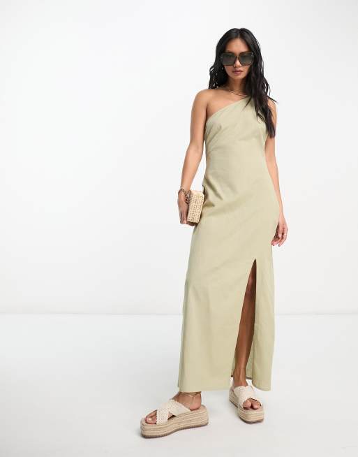 ASOS DESIGN – Lniana sukienka w kolorze khaki o fasonie na jedno ramię i z rozcięciem na udzie