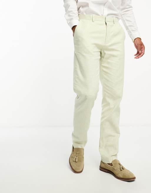 ASOS DESIGN – Lniane dopasowane spodnie garniturowe w zieloną pepitkę