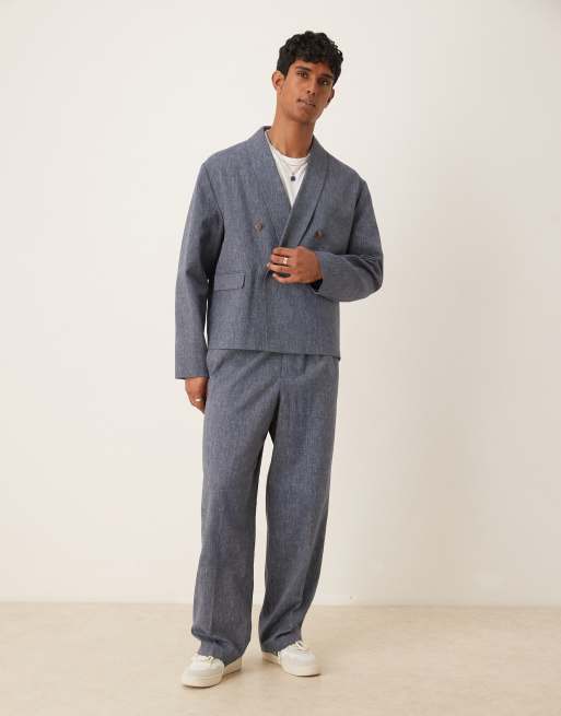 ASOS DESIGN – Lniane niebieskie spodnie garniturowe w prążki z szerokimi nogawkami i elastyczną talią