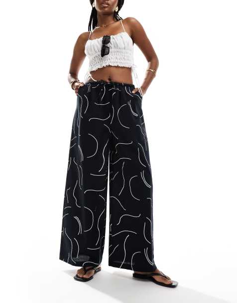 ASOS DESIGN – Lniane spodnie z szerokimi nogawkami w czarno-biały wzór, część zestawu - view 1