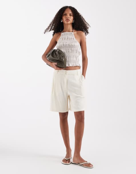 ASOS DESIGN – Lniane szorty dad w kremowym kolorze - view 1