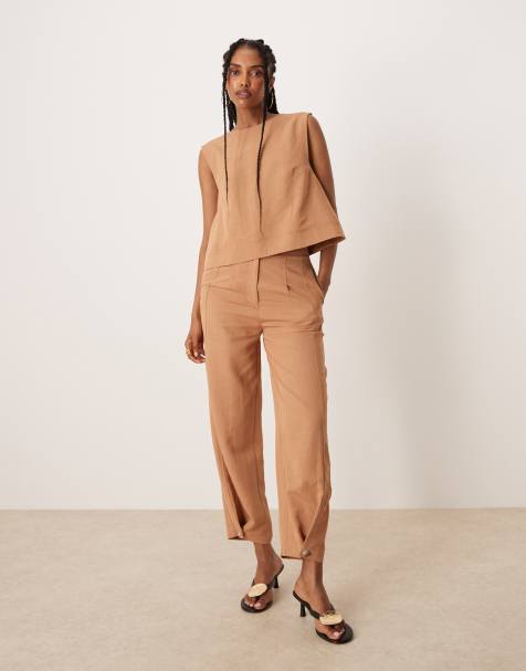 ASOS DESIGN – Lniany zestaw: dopasowany top z golfem i zapięciem na guziki i dopasowane spodnie z nogawkami do noszenia na wiele sposobów - view 1