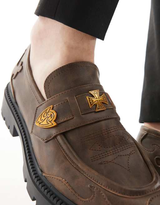 ASOS DESIGN Loafer aus hellbraunem Leder mit Westerndetails ASOS