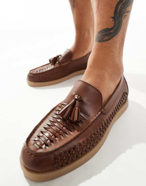 ASOS DESIGN Loafer aus Leder in Hellbraun mit gewebtem Detail und Sohle in Natur ASOS