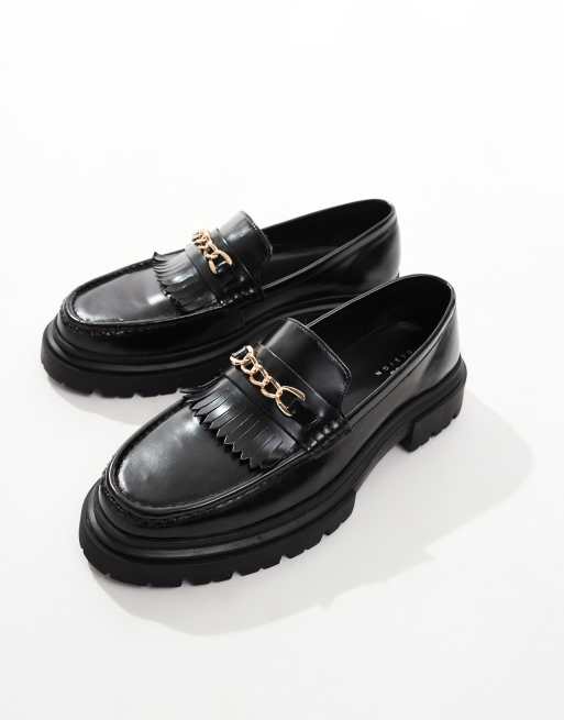 ASOS DESIGN Loafer aus Leder in Schwarz mit dicker Sohle und Fransen und Trensendetail