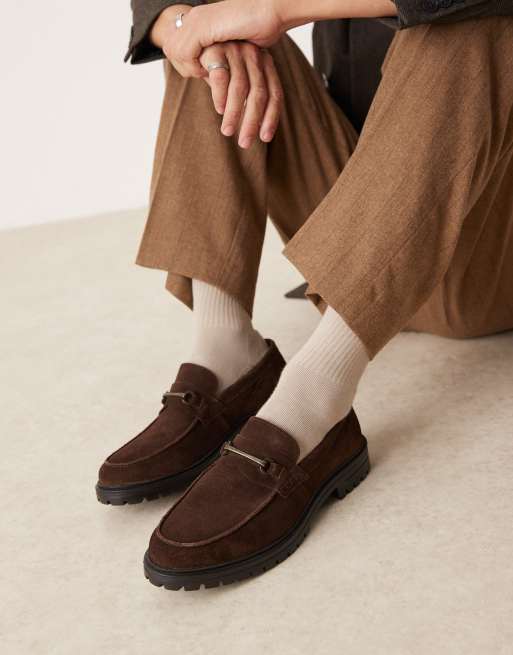 ASOS DESIGN Loafer aus Wildleder in Braun mit dicker Sohle und Trense