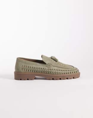 Loafer aus Wildleder in Khaki mit Flechtoptik und gerillter Sohle-Grün Grün 42