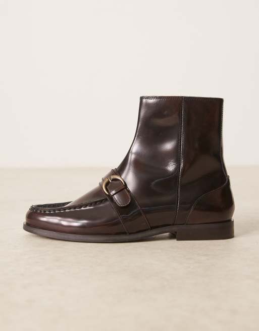 ASOS DESIGN loafer boots in brown leather with strap details