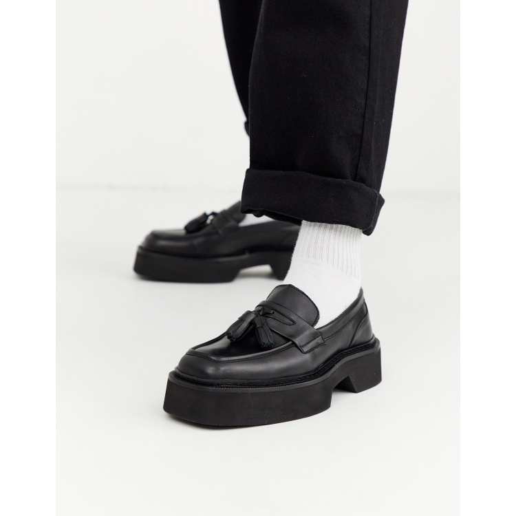 ASOS DESIGN loafer in black leather with chunky sole and square toe