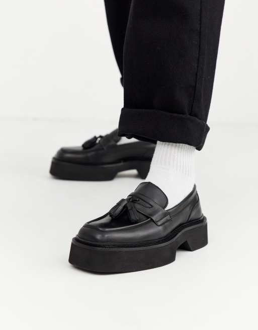 ASOS DESIGN loafer in black leather with chunky sole and square toe