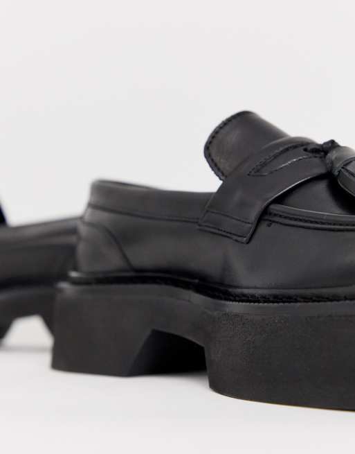 ASOS DESIGN loafer in black leather with chunky sole and square toe