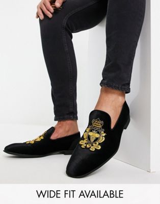 ASOS DESIGN loafers in black velvet with badge detail