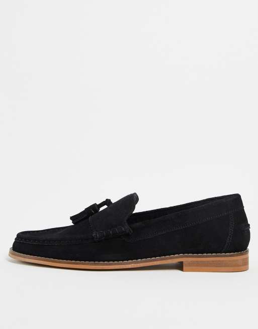 ASOS DESIGN Loafer mit Bommel aus schwarzem Wildleder mit Sohle im naturlichen Farbton ASOS