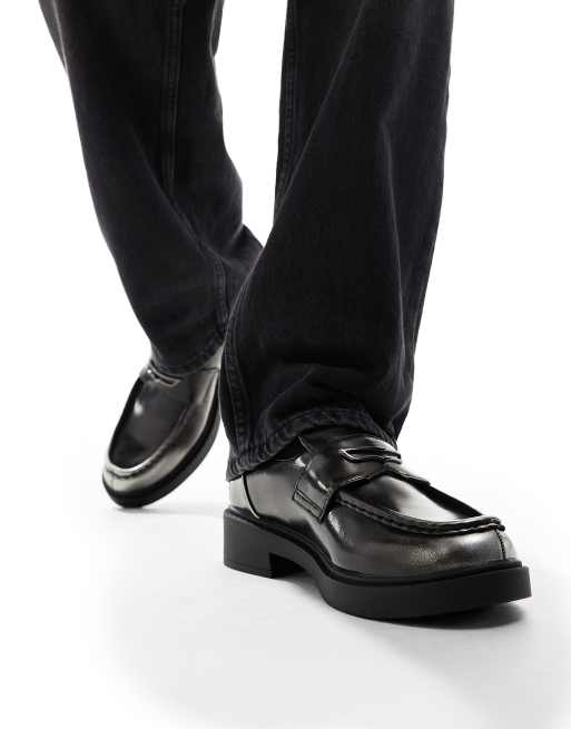 ASOS DESIGN loafers in black and silver faux leather