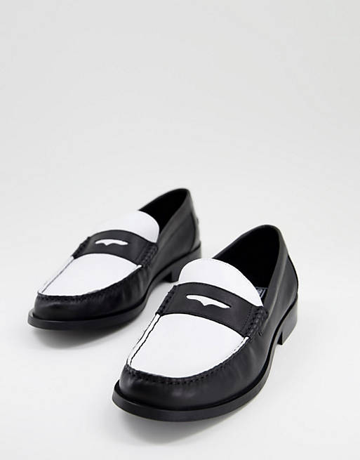 ASOS DESIGN loafers in black and white leather with black sole