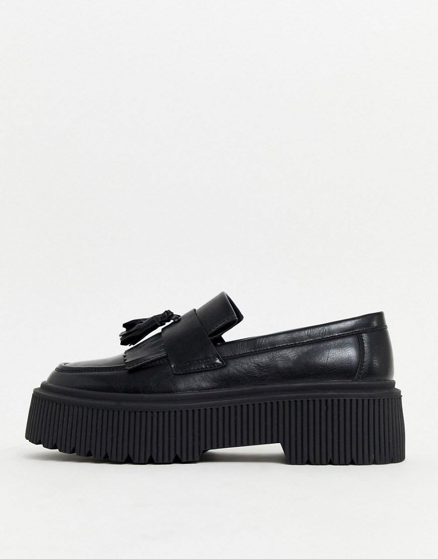 ASOS DESIGN loafers in black faux leather with chunky sole and tassel